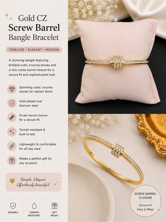 Unbranded Jewelry - Gold Plated Titanium Steel CZ Screw Barrel Bangle Bracelet Cuff - New